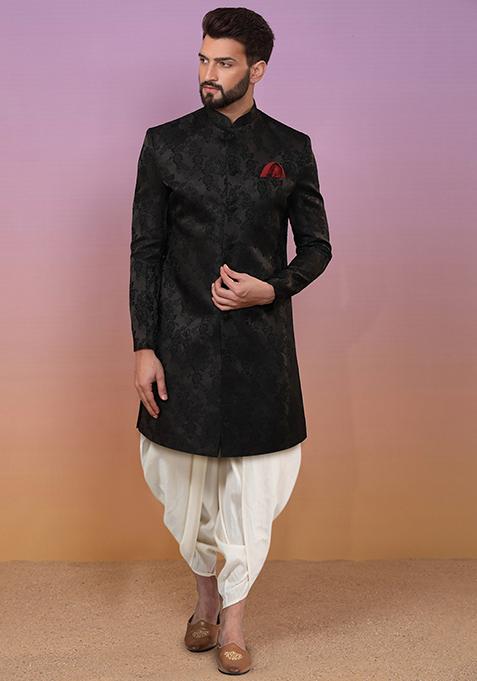 Black Jacquard Silk Blend Sherwani Set