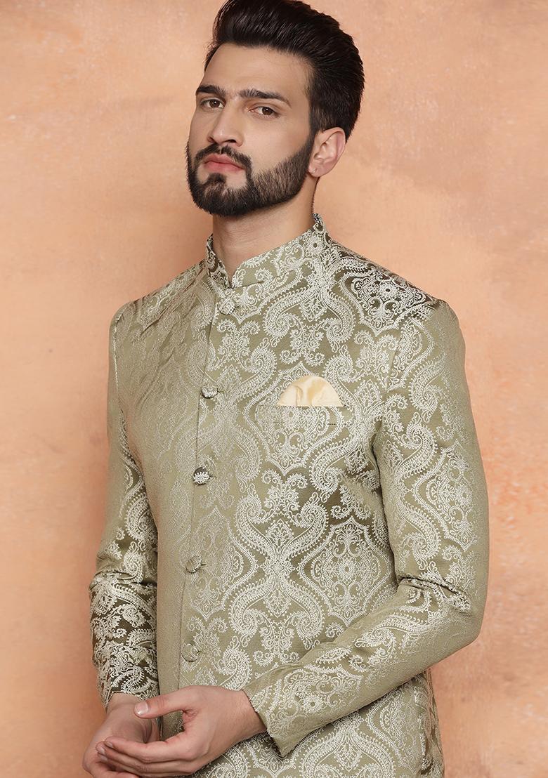 Olive Jacquard Silk Blend Sherwani Set - Indya
