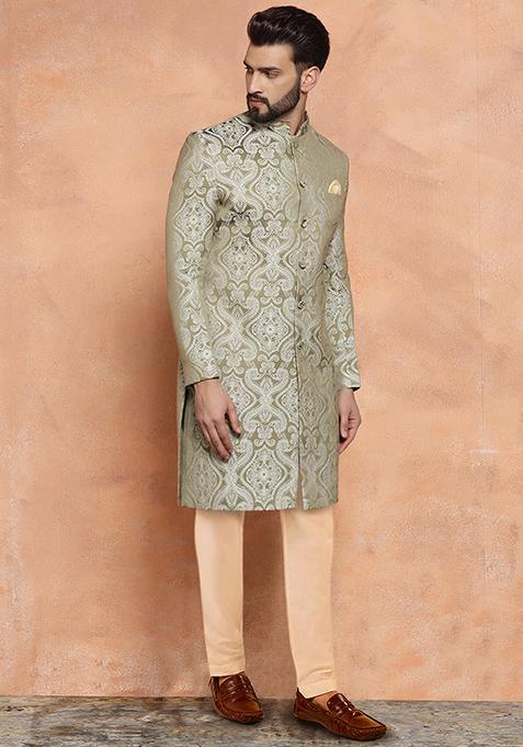 Olive Jacquard Silk Blend Sherwani Set