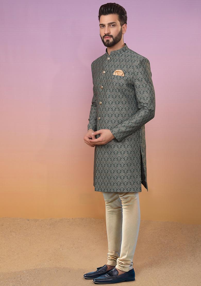 Green Jacquard Silk Blend Sherwani Set - Indya