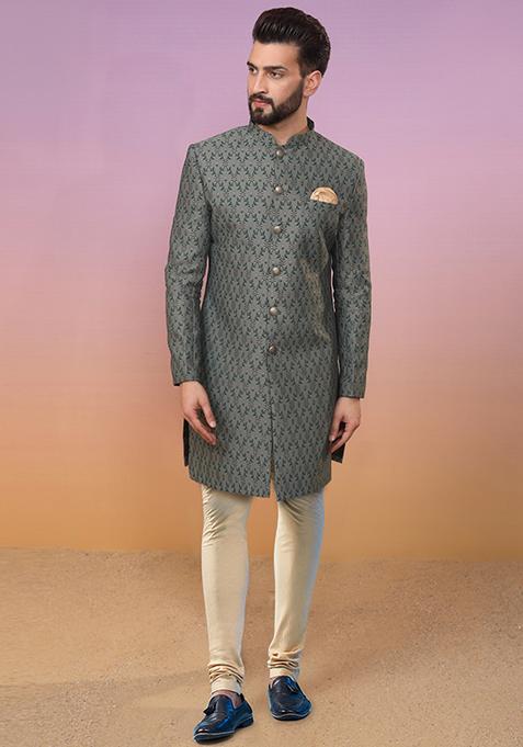 Green Jacquard Silk Blend Sherwani Set