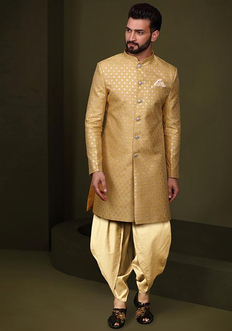 Mustard Jacquard Silk Blend Sherwani Set
