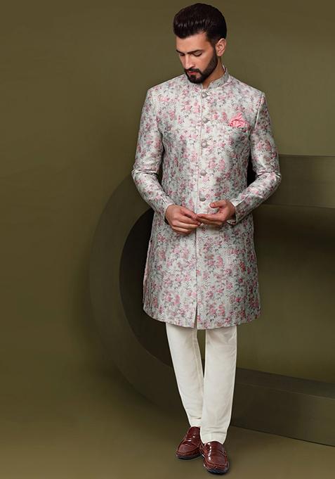 Multicolour Jacquard Silk Blend Sherwani Set
