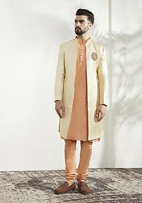 Off White Jacquard Silk Blend Kurta Sherwani Set