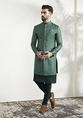 Green  Textured Silk Blend Jacquard Kurta Sherwani Set