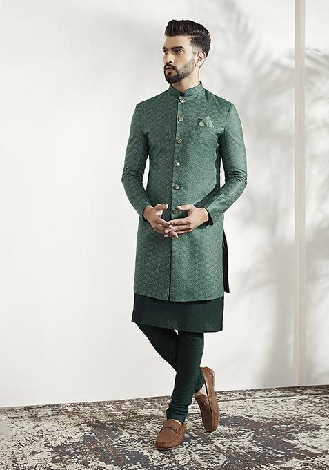 Green  Textured Silk Blend Jacquard Kurta Sherwani Set