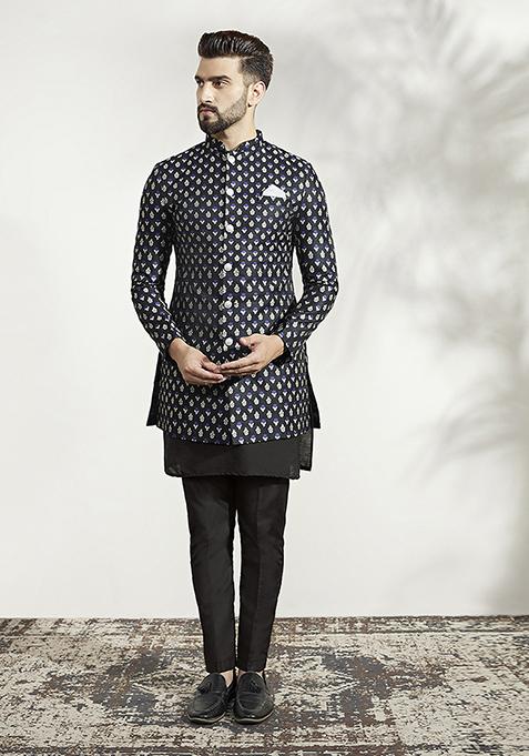 Black Jacquard Silk Blend Mid Kurta Sherwani Set