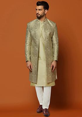 Green Jacquard Silk Blend Kurta Sherwani Set