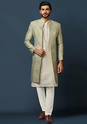 Beige Jacquard Silk Blend Kurta Sherwani Set