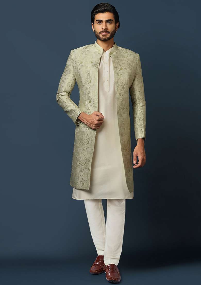 Beige Jacquard Silk Blend Kurta Sherwani Set - Indya