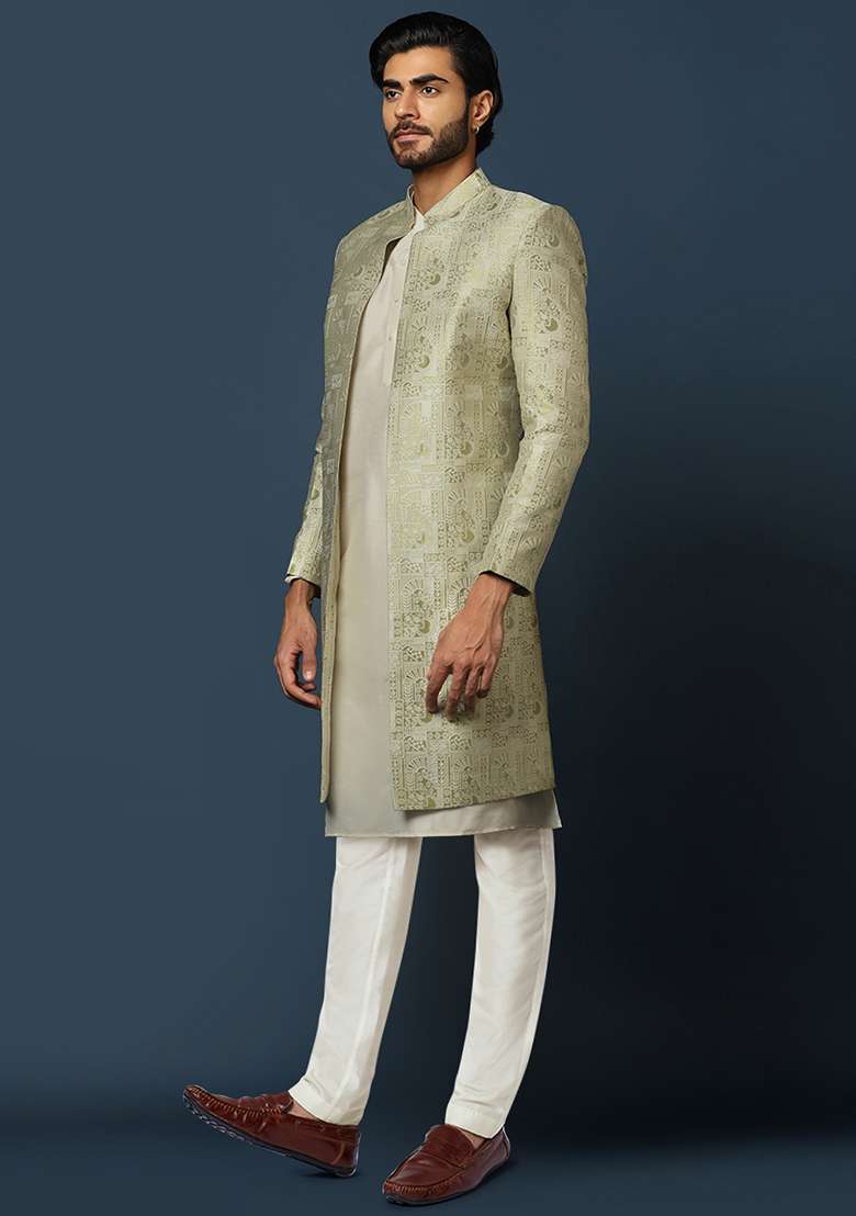 Beige Jacquard Silk Blend Kurta Sherwani Set - Indya