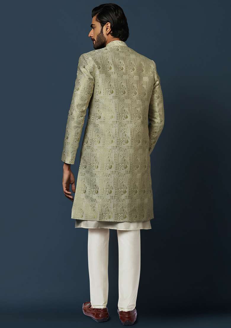Beige Jacquard Silk Blend Kurta Sherwani Set - Indya