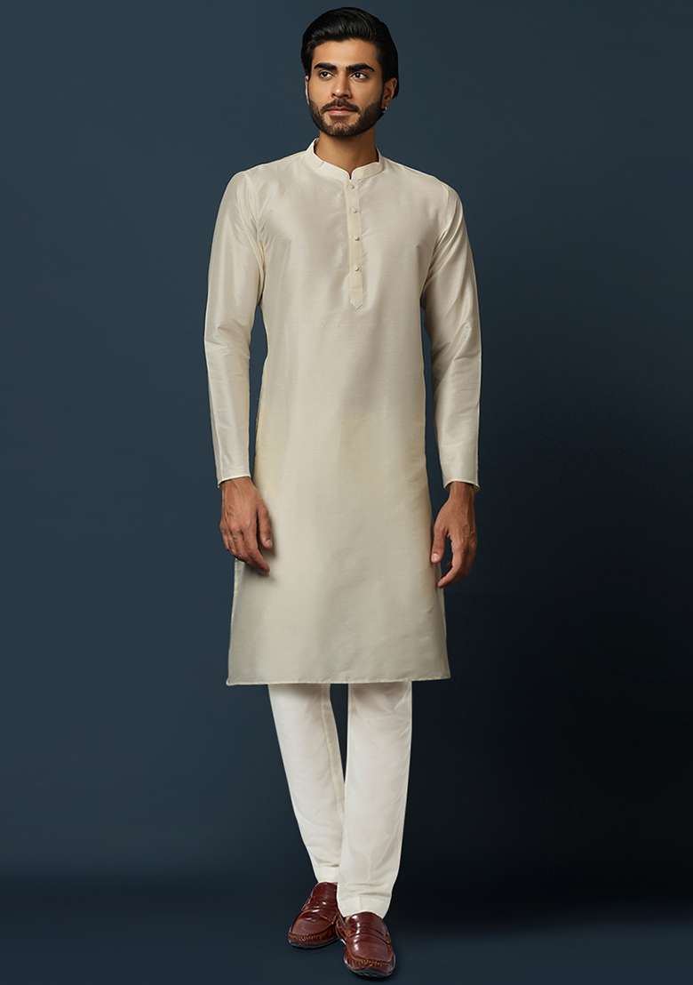 Beige Jacquard Silk Blend Kurta Sherwani Set - Indya
