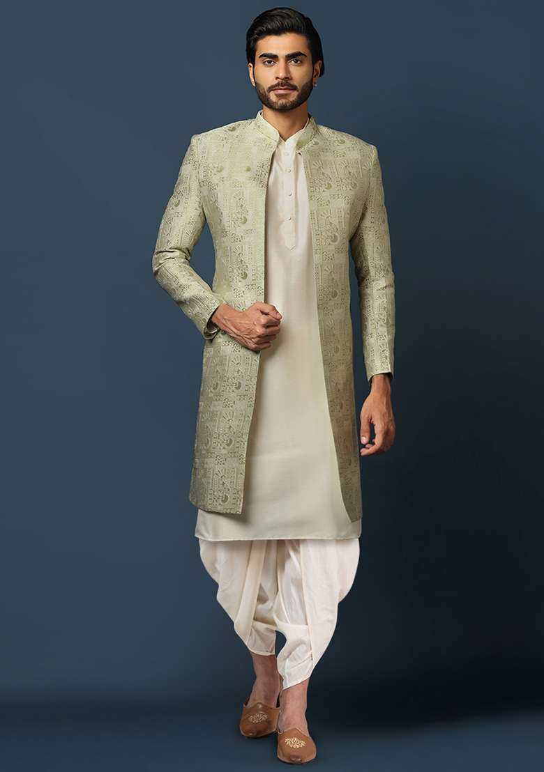Beige Jacquard Silk Blend Kurta Sherwani Set - Indya