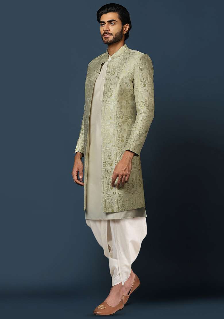 Beige Jacquard Silk Blend Kurta Sherwani Set - Indya