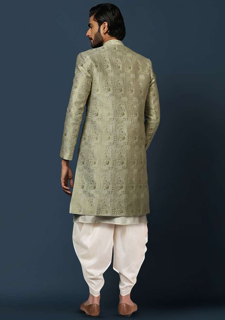 Beige Jacquard Silk Blend Kurta Sherwani Set - Indya