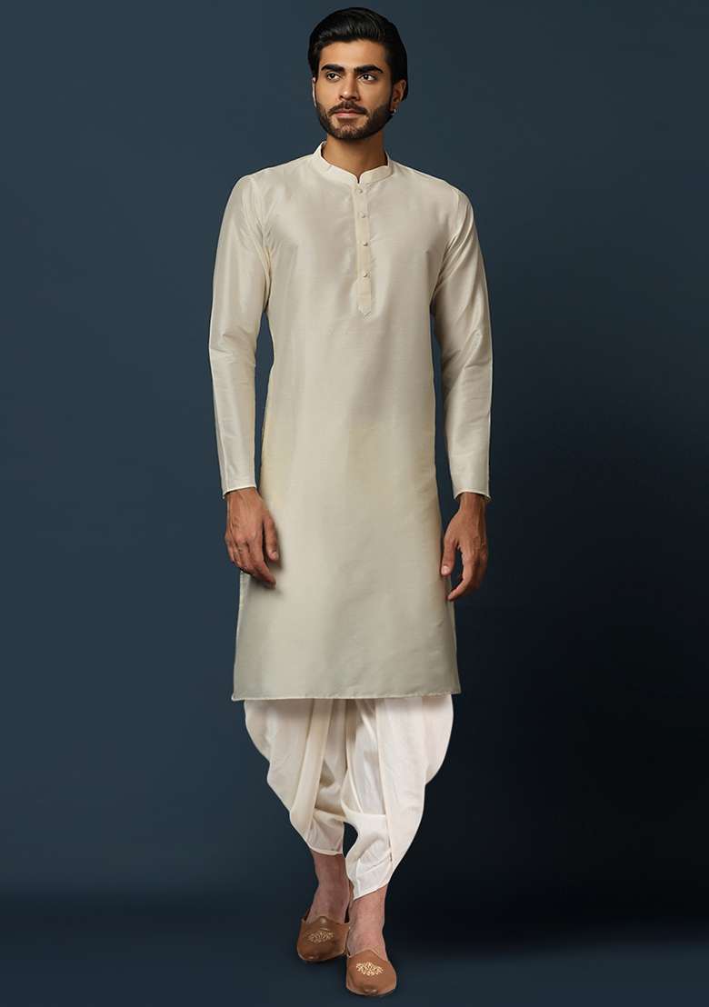 Beige Jacquard Silk Blend Kurta Sherwani Set - Indya