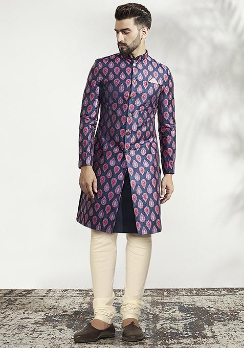 Blue Jacquard Silk Blend Kurta Sherwani Set