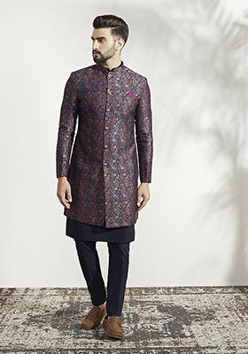 Multicolour Textured Silk Blend Jacquard Kurta Sherwani Set