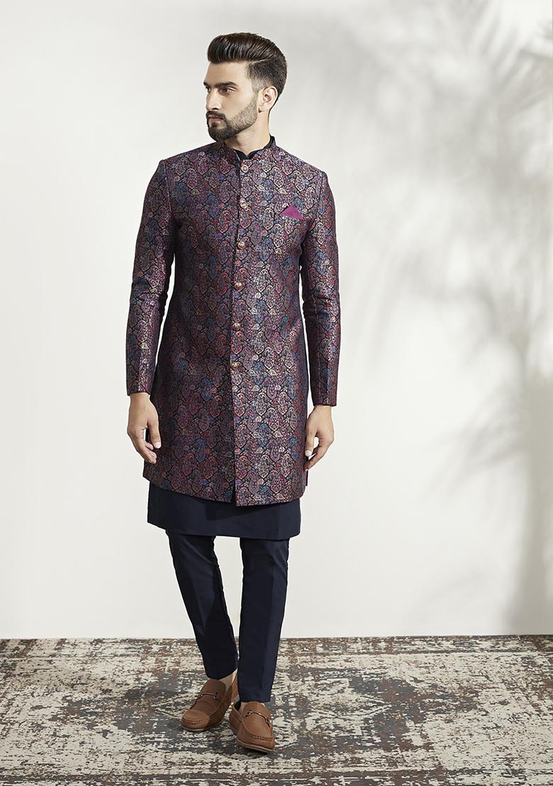 Multicolour Textured Silk Blend Jacquard Kurta Sherwani Set