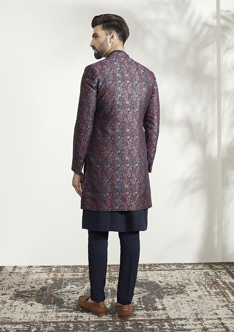 Multicolour Textured Silk Blend Jacquard Kurta Sherwani Set