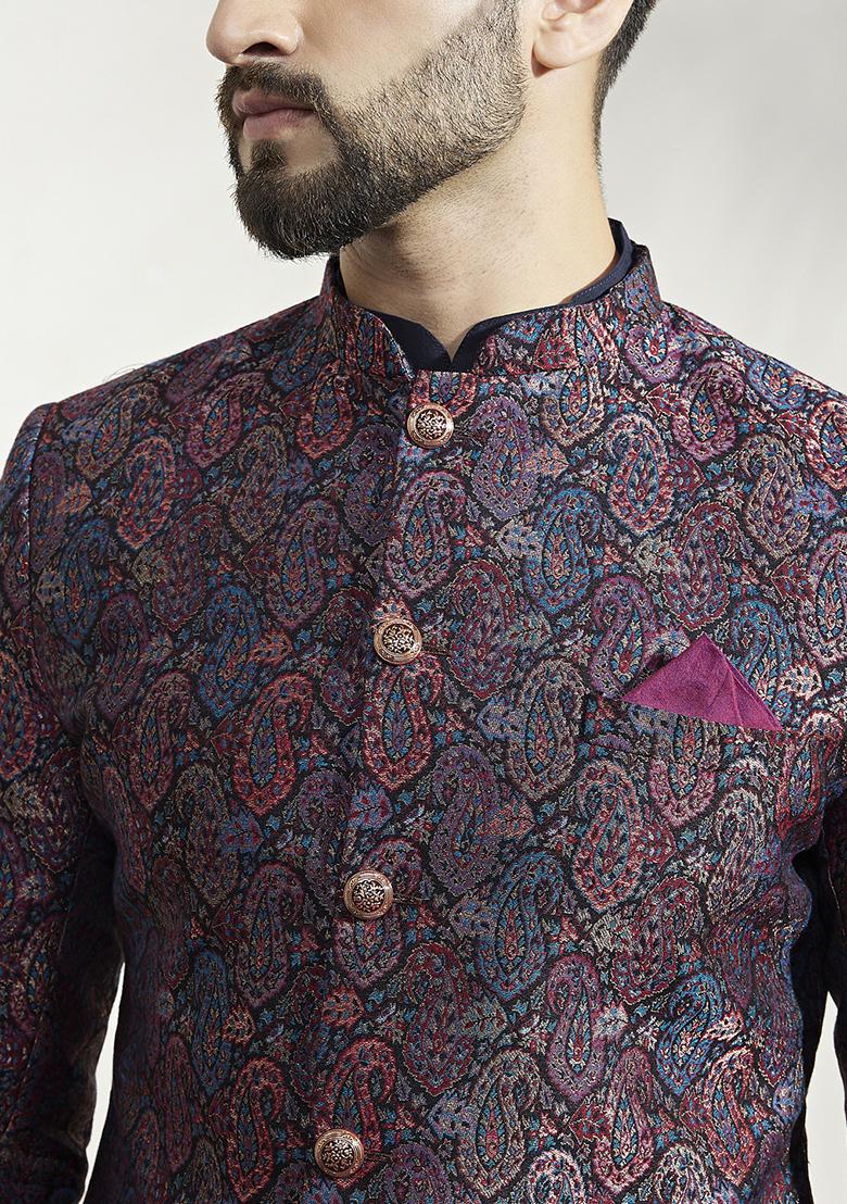 Multicolour Textured Silk Blend Jacquard Kurta Sherwani Set