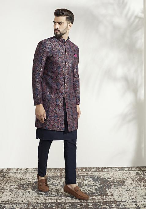 Multicolour Textured Silk Blend Jacquard Kurta Sherwani Set