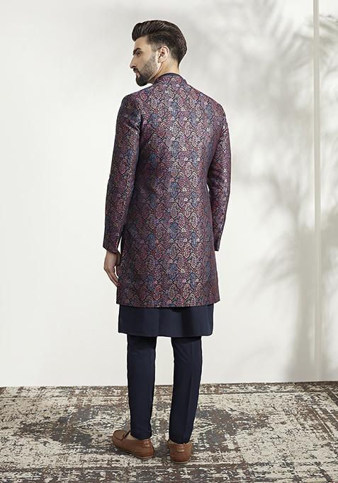 Multicolour Textured Silk Blend Jacquard Kurta Sherwani Set