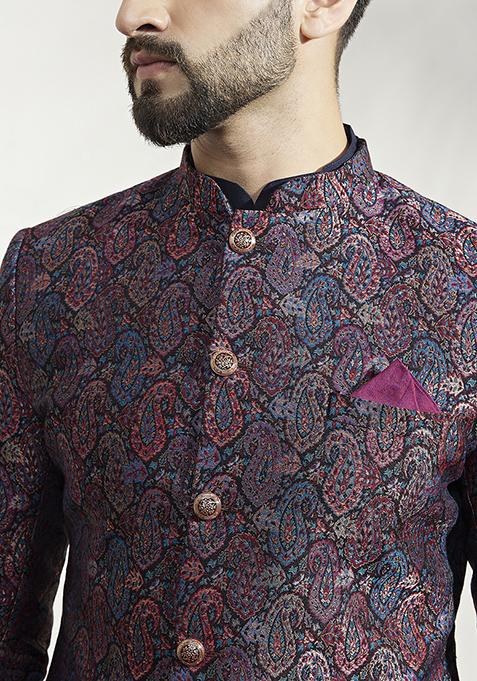 Multicolour Textured Silk Blend Jacquard Kurta Sherwani Set