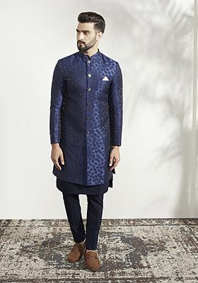 Navy Blue Textured Silk Blend Jacquard Kurta Sherwani Set