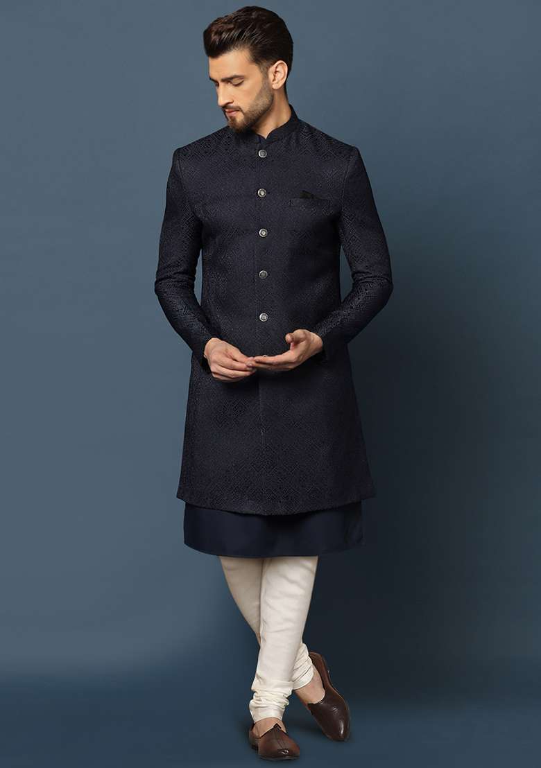 Navy Blue Textured Silk Blend Jacquard Kurta Sherwani Set - Indya