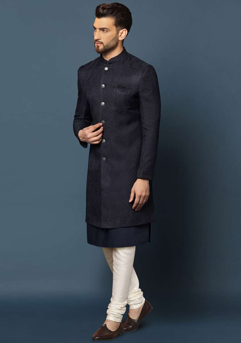Navy Blue Textured Silk Blend Jacquard Kurta Sherwani Set - Indya