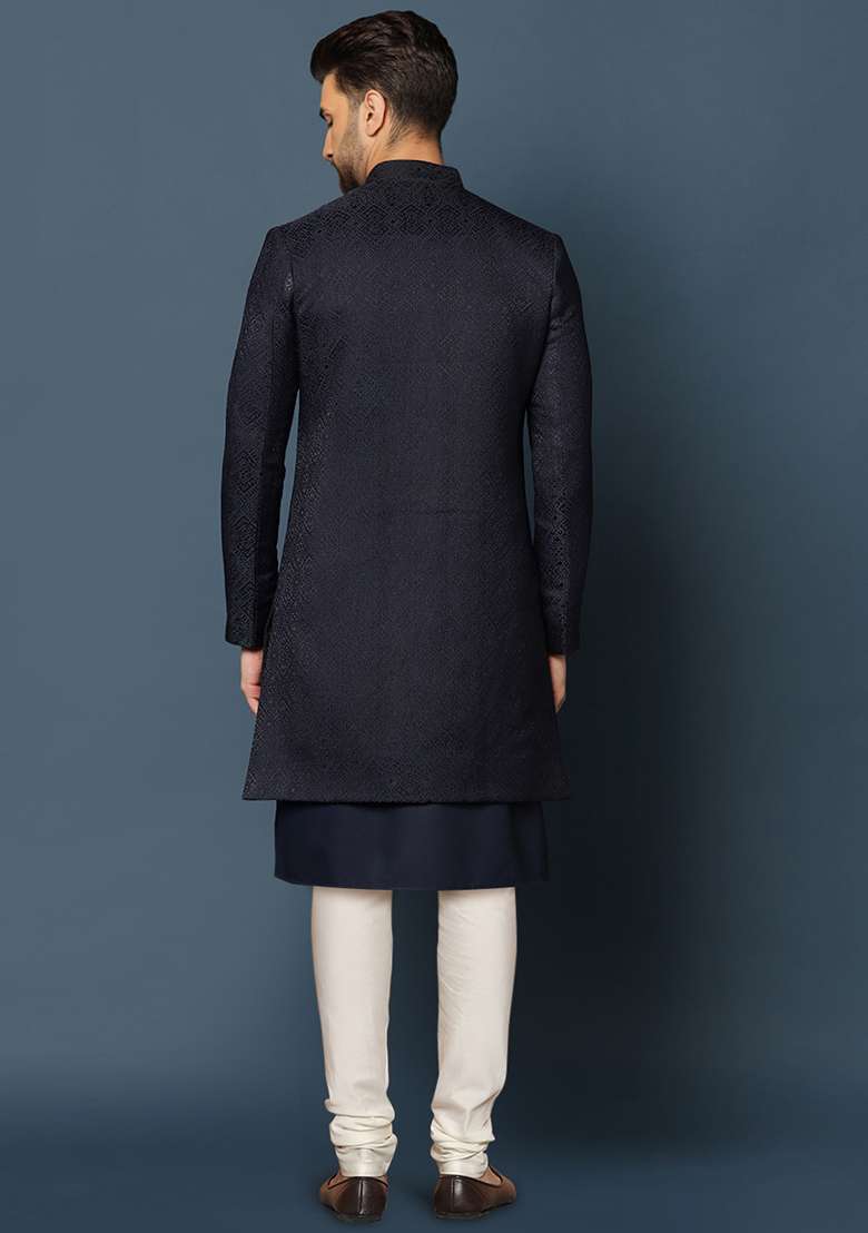Navy Blue Textured Silk Blend Jacquard Kurta Sherwani Set - Indya