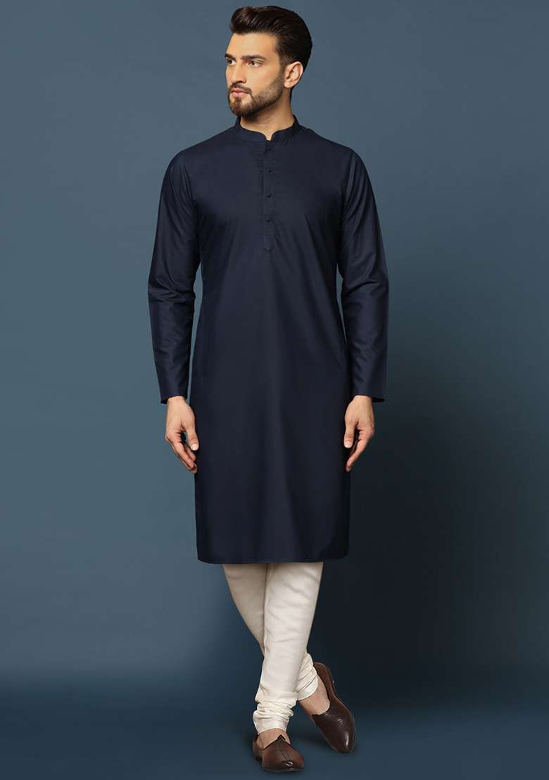 Navy Blue Textured Silk Blend Jacquard Kurta Sherwani Set - Indya