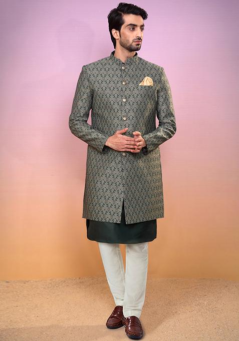Green Jacquard Silk Blend Kurta Sherwani Set