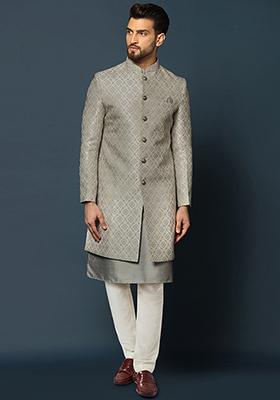 Grey Jacquard Silk Blend Kurta Sherwani Set