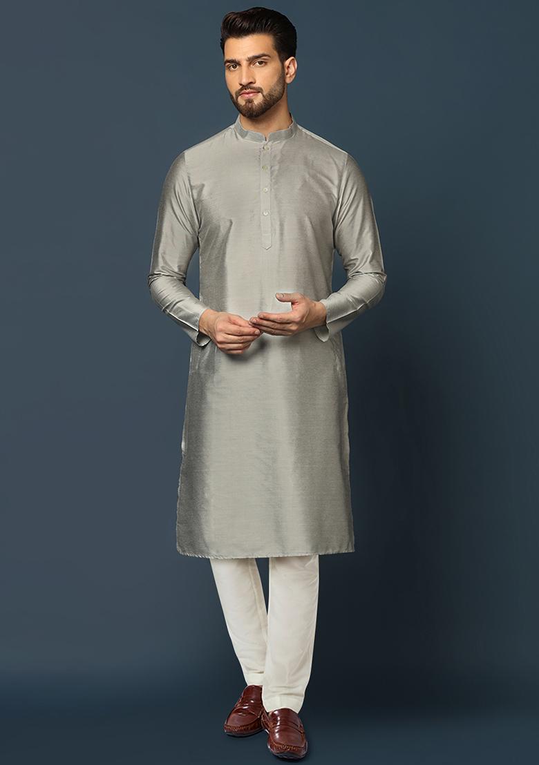 Grey Jacquard Silk Blend Kurta Sherwani Set - Indya
