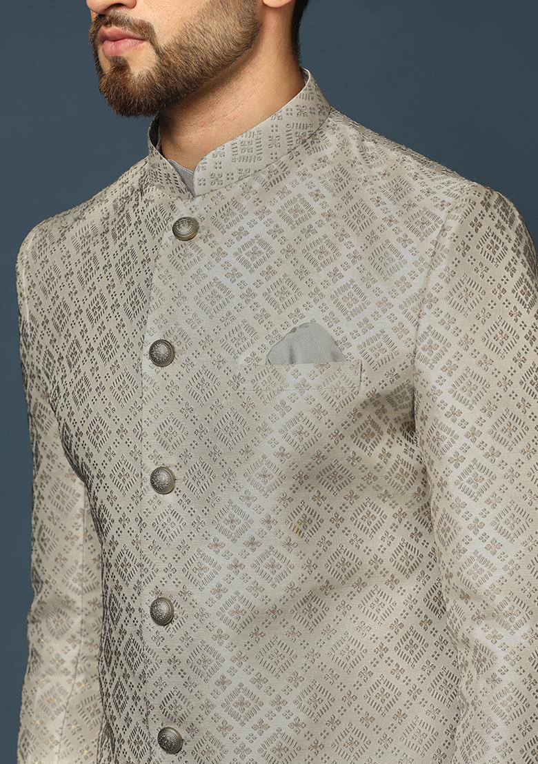 Grey Jacquard Silk Blend Kurta Sherwani Set