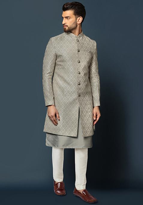 Grey Jacquard Silk Blend Kurta Sherwani Set
