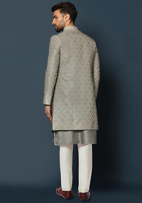 Grey Jacquard Silk Blend Kurta Sherwani Set