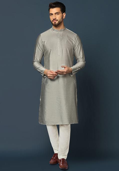 Grey Jacquard Silk Blend Kurta Sherwani Set