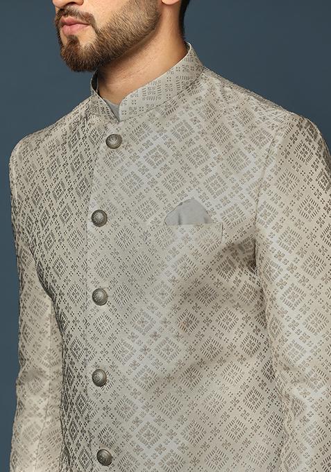 Grey Jacquard Silk Blend Kurta Sherwani Set