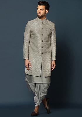 Grey Jacquard Silk Blend Kurta Sherwani Set
