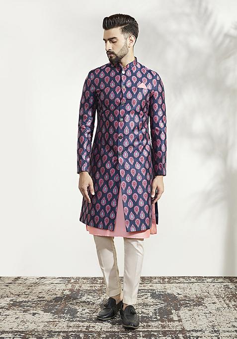 Blue Jacquard Silk Blend Kurta Sherwani Set
