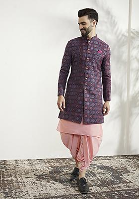 Multicolour Textured Silk Blend Jacquard Kurta Sherwani Set