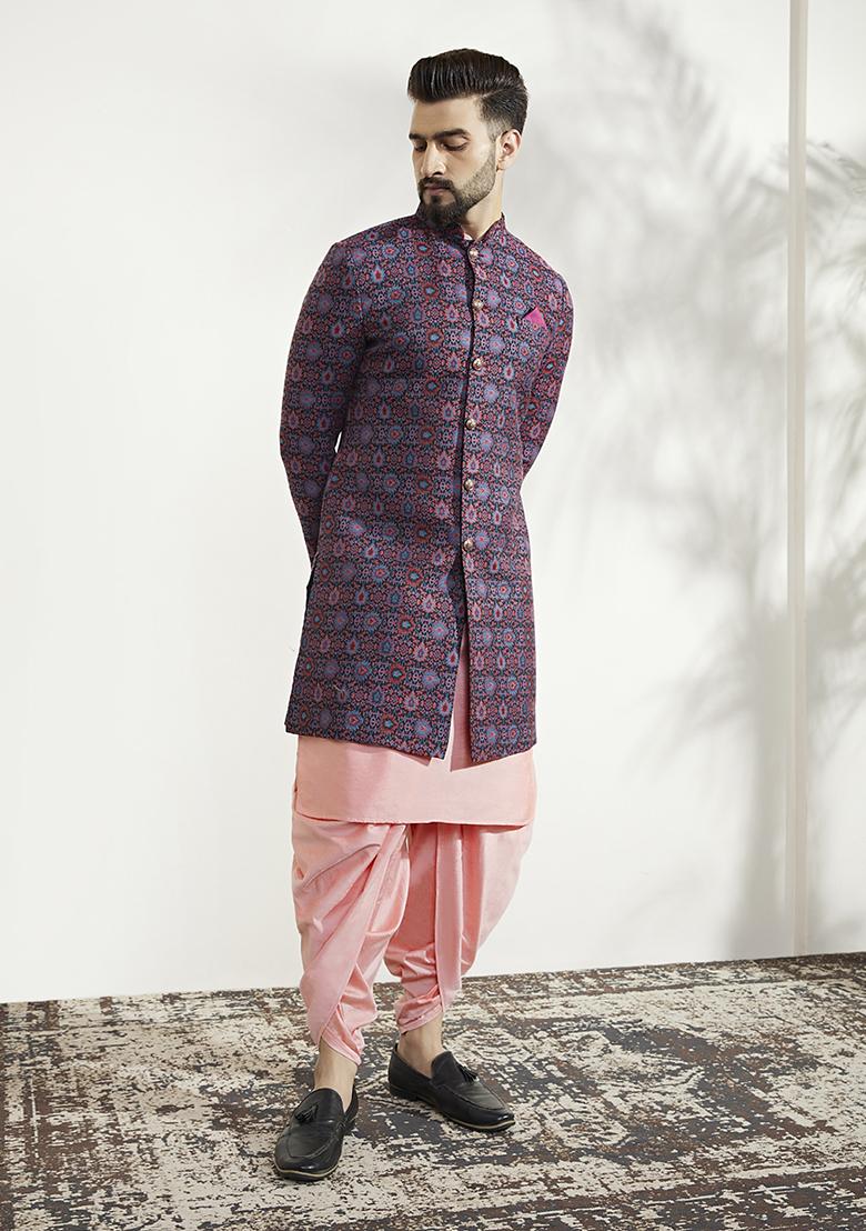 Multicolour Textured Silk Blend Jacquard Kurta Sherwani Set