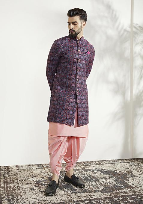 Multicolour Textured Silk Blend Jacquard Kurta Sherwani Set