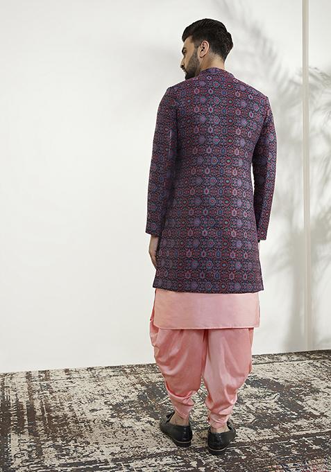 Multicolour Textured Silk Blend Jacquard Kurta Sherwani Set