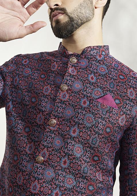 Multicolour Textured Silk Blend Jacquard Kurta Sherwani Set