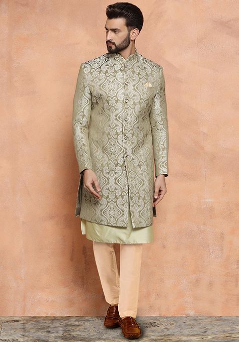 Olive Jacquard Silk Blend Kurta Sherwani Set